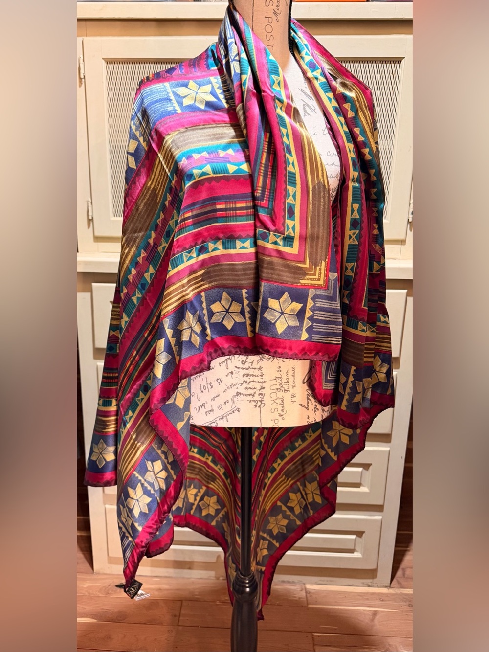 Vintage Escada Oversized Silk Twill Scarf Shawl 55x55 Geometric Star Jewel Tone